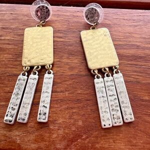 CAbi Gold and Silver Hammered Rectangular Dangle Earrings